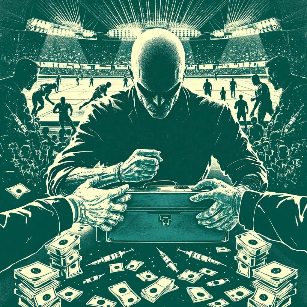 Scene depicting a shadowy figure behind sports scenes, including athletes in competition and a briefcase exchanging hands, surrounded by symbols of crime like syringes and wads of cash.