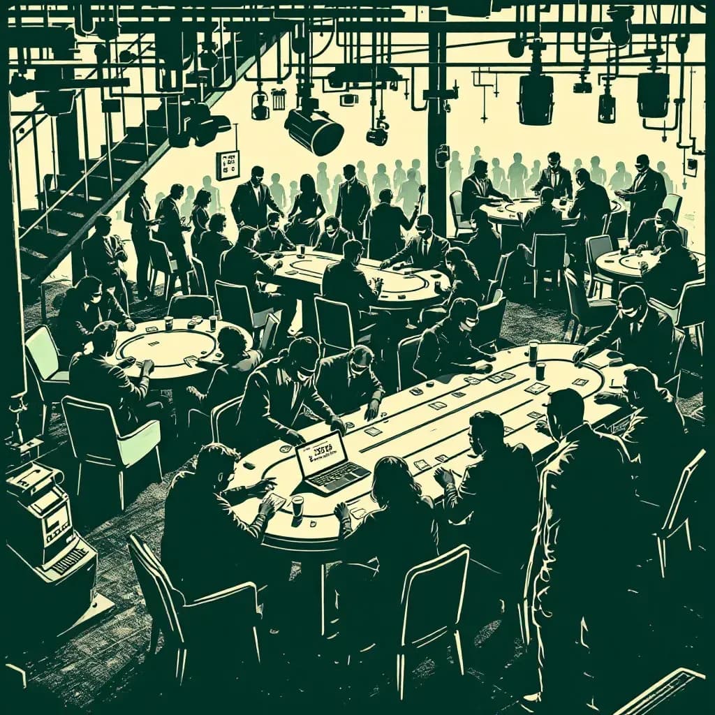 A clandestine gambling den filled with people at tables, a nearby laptop displaying money transfer details, cash count machines, hidden cameras capturing people's activities, and an undercover detective observing the scene.