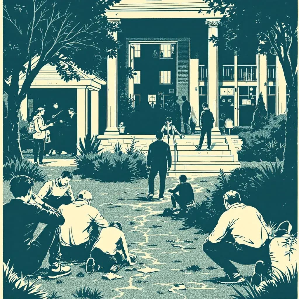 Students in a campus setting with a mix of scenes showing a dormitory theft, a tragic crime scene, and students involved in suspicious activities, symbolizing the dual roles as victims and perpetrators.