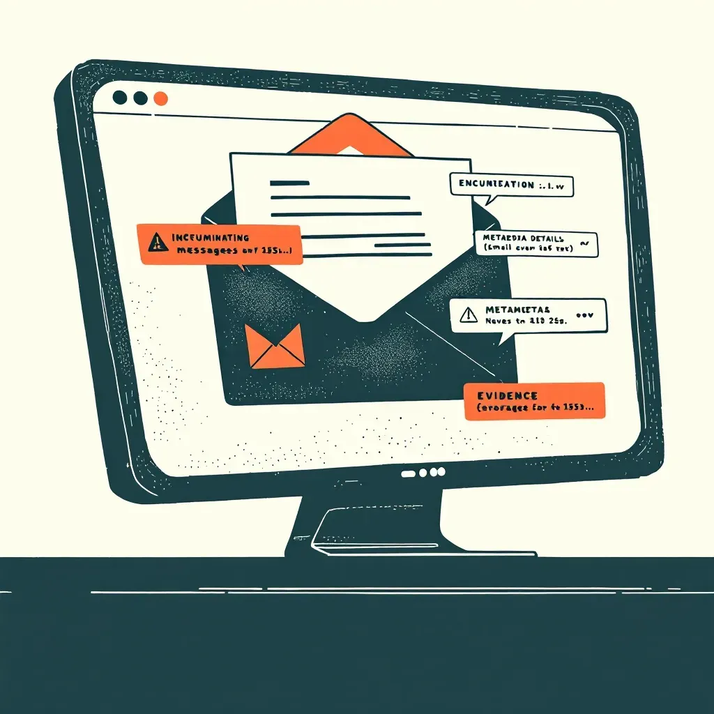 A computer screen displaying an email interface, with highlighted sections showing incriminating messages, metadata details, and evidence storage, symbolizing the dual role of emails in criminal activity and investigation.