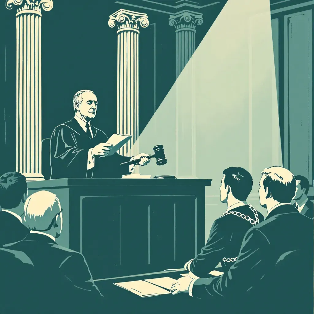 A courtroom scene depicting a judge delivering a life sentence, with the judge's gavel poised over papers, the defendant seated with shackles, and lawyers observing; all elements symbolize the weight and complexity of legal justice.