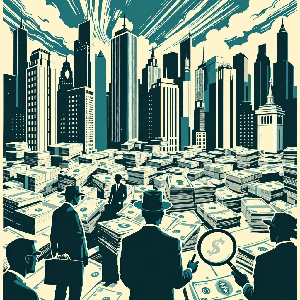 A city skyline with skyscrapers, stacks of money transforming into clean, legitimate-looking assets, shadowy figures exchanging briefcases, and magnifying glasses hovering over bank statements representing investigation.
