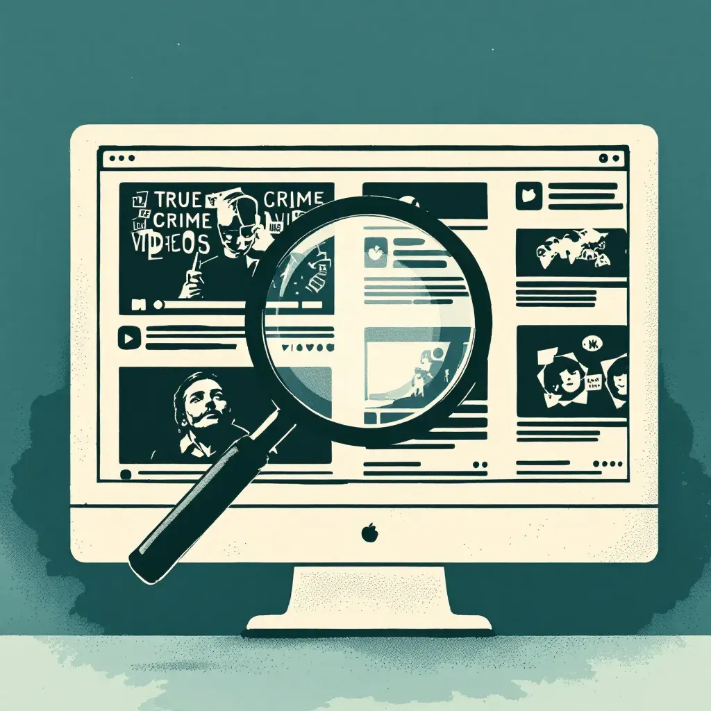 YouTube interface on a computer screen displaying true crime video thumbnails, with an overlay of a magnifying glass on a video, symbolizing investigation of digital evidence in criminal cases.